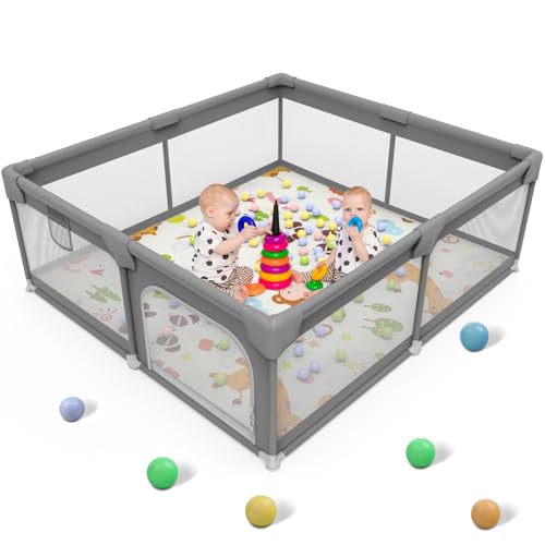 Palopalo Laufstall Baby 127x127cm, Laufgitter für Babys und Kleinkinder, Laufgitter Baby mit Reißverschlusstür und Atmungsaktivem Netz, Laufstall 300D Oxford Geweb, Dunkelgrau
