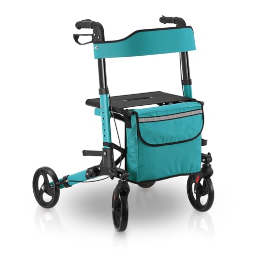 Juskys Rollator Vital petrol - Gehhilfe faltbar & leicht aus Aluminium bis 130 kg - Laufhilfe höhenverstellbar mit Sitz, Tasche & Regenschirmhalterung