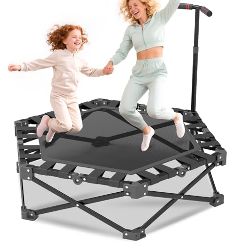 Fitness Trampolin Indoor Klappbar mit Verstellbarem Griff - Stabiler und Leiser Rebounder für Kinder und Erwachsene - Statische Belastungsgrenze 250kg - Minitrampolin 90cm Diameter - 113cm Hoch