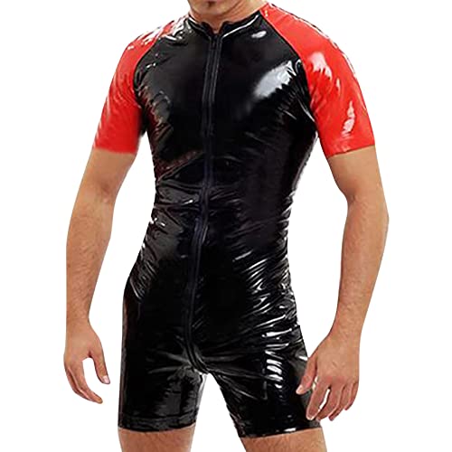 Bauzuoyo Bodysuit Herren PVC Body Sexy Männer Lack Leder Overall Latex Wetlook Catsuit Jumpsuit Einteilige Lackleder Bodysuit Lack-Optik Unterhemd Stringbody Nachtclub mit Reißverschluss