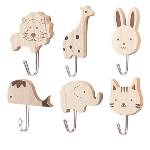 Nujvnuj 6 Stück Niedliche Tier Kleiderhaken Selbstklebende Holz-Wandhaken Perfekte Kinder-Garderobe für Schlafzimmer Badezimmer Kinderzimmer (Süße Cartoon-Tier-Deko Kein Bohren nötig) (Stil 1)