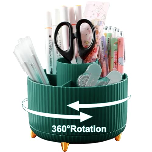 Lenfuos Schreibtisch Organizer, 360 Grad drehbarer Büro-Organizer Stifthalter, 5 Sortierfächer für Stifte, Hefter, Ordnerklammern, Haftnotizen, Platzsparendes Desk Organizer（grün）