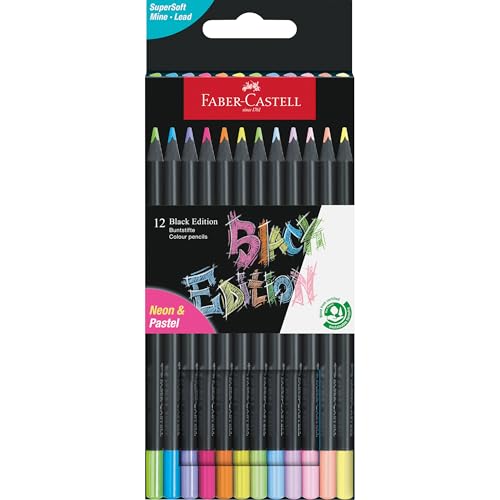 Faber-Castell 116410 Black Edition Buntstifte Neon & Pastell 12er Box, Lebendige Buntstifte, Bruchsichere Kunststifte mit ergonomischem Griff, Malstifte für helles und dunkles Papier