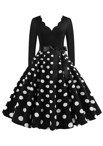 EFOFEI Damen Langarm Cocktailkleid mit Gürtel Weihnachten Kleider Langarm Hepburn Stil Cocktailkleider Schwarz XL