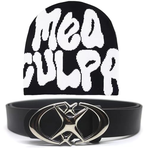 Y2k Accessoires, Modisches Set Mit Mütze Und Gürtel, Y2k Cap Winter Knit Skater Beanie, Vintage Gothic Punk D Und Star Schnallengürtel Für Männer Und Frauen Stilvoller Bund Für Jeans Und Hosen