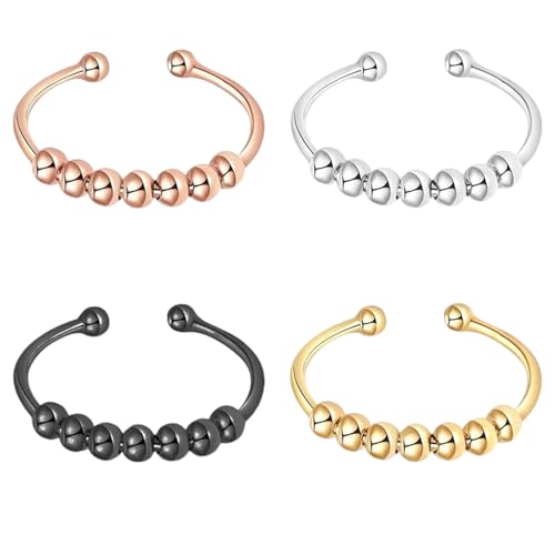 Katyjun 4 Stück Anxiety Ring, Anti Stress Ring, Edelstahl Stressring mit Perlen