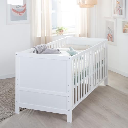 roba Babybett EASY SLEEP 70 x 140 cm inkl. Umbauecken - Mitwachsendes Gitterbett 3-fach höhenverstellbar - 3 Schlupfsprossen - Holz weiß lackiert