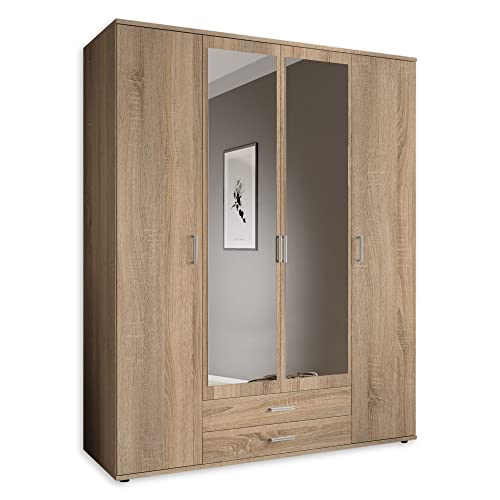 KARL Eleganter Kleiderschrank 4-türig mit viel Stauraum - Vielseitiger Drehtürenschrank in Eiche Sonoma Optik mit Spiegeltüren - 160 x 196 x 54 cm (B/H/T)