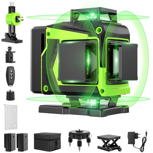 Kreuzlinienlaser Grün 16 Linien Nivellierlaser, 4 x 360 ° Laser wasserwaage, linienlaser kreuzlaser selbstnivellierend für Innenbereich Baustelle, 2 x Batterie Vermessungskabine