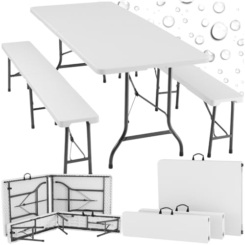 tectake® 3-teiliges Gartenmöbel Set, klappbarer Campingtisch mit 2X Bierbank, Balkonmöbel, Garten oder Terrassentisch Set, Bierzeltgarnitur, mit Tragegriffen, 180cm lang (weiß)