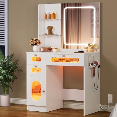 Schminktisch mit Beleuchtung,Stoffschubladen Frisiertisch mit Spiegel Schubladen Einstellbarer Helligkeit,Schminktische mit Türen, Make up Tisch mit Schmuckablage Verstellbaren Ablagen,Holzfarbe