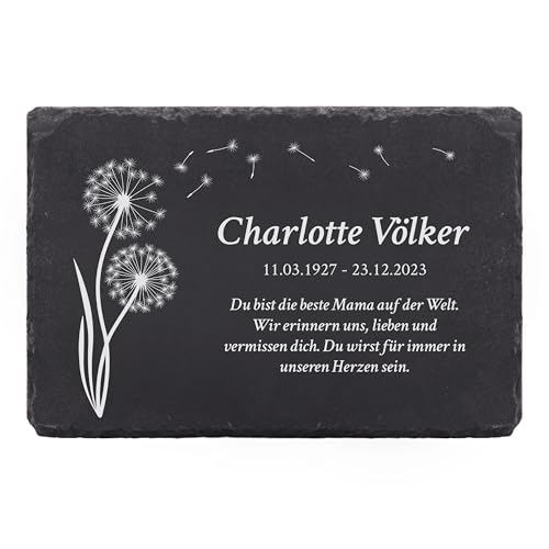 LAUBLUST Personalisierte Grabplatte als Grabschmuck für Menschen mit Wunschtext | Schieferplatte mit Gravur als Grabstein Deko & Grabtafel - Pusteblume, 3 Größen | Schöne Grabsteine mit Name