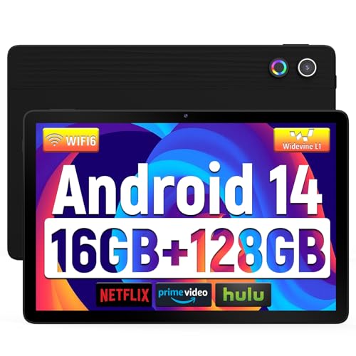 Tablet, Android 14 Tablet 11 Zoll, 16(4+12) GB RAM 128GB ROM 1TB TF Expandable, Widevide L1, Octa-Core Processor, 1280*800 IPS HD Touchscreen 6800mAh Akku WiFi 6 BT 5.3 Dual 5MP+8MP Kamera (Schwarz)