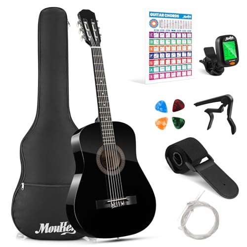 Moukey Akustikgitarre für Anfänger, Kinder, Jugendliche, Erwachsene, Dreadnought-Gitarre, Acustica-Kit mit Akkord-Poster, Gigbag, Stimmgerät, Plektren, Nylonsaiten, Kapodaster, Gurt, 96,5 cm, Schwarz