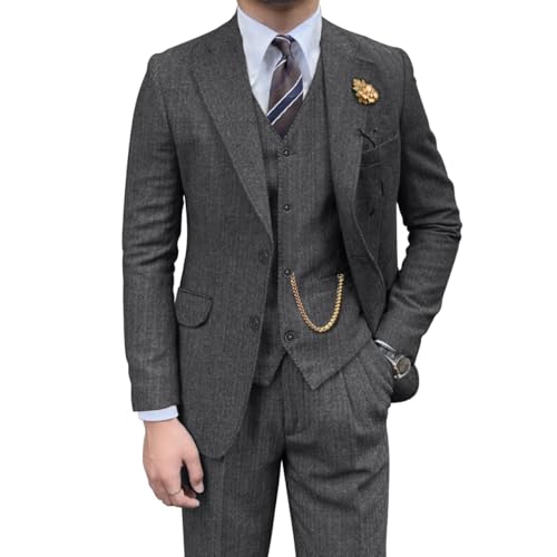 Retro-Herrenanzug, 3-teilig, Tweed, Fischgrätenmuster, schmale Passform, Anzüge für Bräutigam, Smoking-Set, Balljacke, Blazer, Weste, Hose für Herren, GRAU, XL