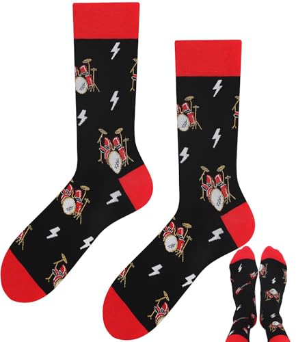 TODO Lustige E-Gitarre Socken mit Schlagzeug Motiv ELEKTROGITARRE Schlagzeug Socken Herren Rockband 43-46