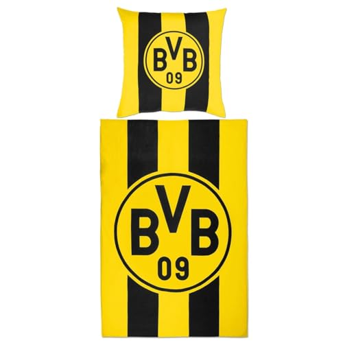 Borussia Dortmund BVB BETTWÄSCHE Blockstreifen 135 X 200 cm: Bettbezug und Kissenbezug mit Knöpfen, Streifen-Design, 100% Baumwolle, Gelb