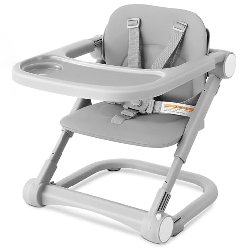 Sitzerhöhung Baby Tragbar Kinderhochstuhl Höhenverstellbar Reise Hochstuhl mit abnehmbarem Tablett, PU-Sitzpolster und 5-Punkt-Sicherheitsgurt Kinder Stuhl Booster (Grau)