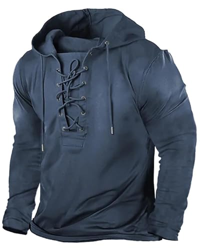 Beotyshow Herren Vintage Hoodie Langarm Shirt Männer Lace Up Hooded Langarmhemd Distressed Casual Outdoor Taktisch Pullover Hemd mit Kapuze 1-Navy Blau L