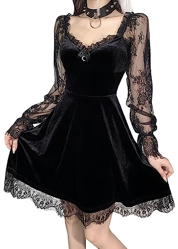 Gothic Retro Court Lace Lantern Long Sleeve Hollow Out O Neck Pure Black Temperament Velvet Midi Kleid, Autumn Dress Black, S