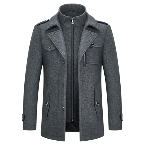 KUDORO Herren Wintermantel Wolle Kurzmantel Herren Wollmantel Mittellang Slim Fit für Business Freizeit Peacoat Herren Casual(Grau1,XXL)