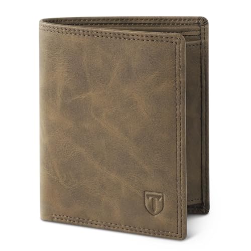 TENBST Geldbörse Herren mit RFID Schutz, Portmonee mit 15 kartenetui, Ausweisfenster & Fotofenster, Münzfach mit Knopf, 2 Geldscheinfächern, Herren Geldbörse mit Geschenkbox – Braun