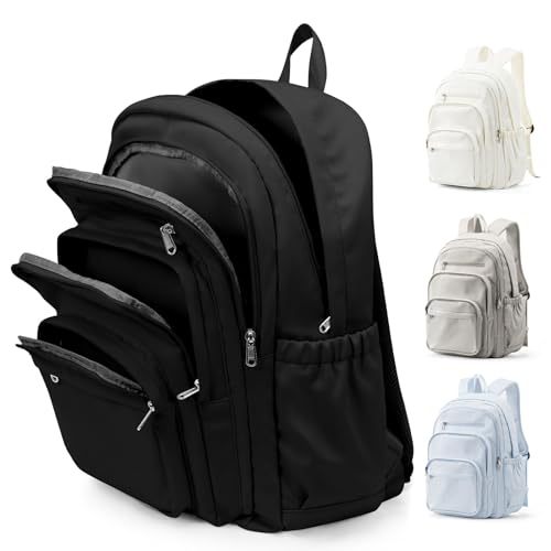 pectodox Schwarzer Rucksack Damen Herren, Leichter Schulrucksack Teenager Mädchen Jungen, Wasserabweisend Uni Rucksack mit Vielen Fächern,Groß Casual Daypacks Travel Schulrucksäcke