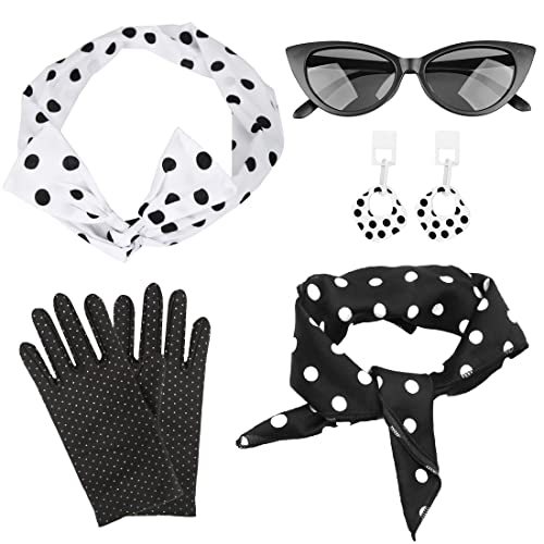Aurasky Rockabilly Accessoires 50er Jahre, Kostüm Damen Zubehör Schwarz, Kleidung Vintage Zubehör 60er mit Stirnband Schal Brille Handschuhe Kleid für Karneval Motoparty Retro Teily Party