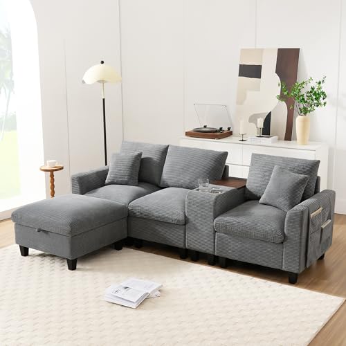 Merax 3-Sitzer Sofa Ecksofa L-Form mit Polsterhocker (inkl. Stauraum), Cord Stoff-Couch mit Konsole, USB-C-Ports, Getränkehalter und Seitentaschen, Grau