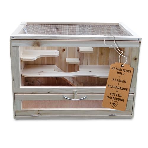 Melko Kleintierkäfig aus Holz, 60 x 35 x 42 cm, inklusive klappbarer Rampe, 5 stöckig, Nagervilla Hamsterkäfig Mäusekäfig