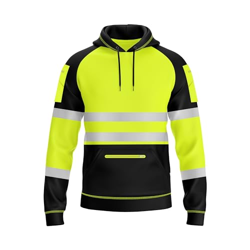 trending babz Herren Hi Vis 2-farbiges Gelb-Orange-Sweatshirt mit reflektierendem Band, 3 Reißverschlüssen, gepatchter Überzieh-Sicherheits-Arbeitskleidung, Kapuzenpullover, S-2XL