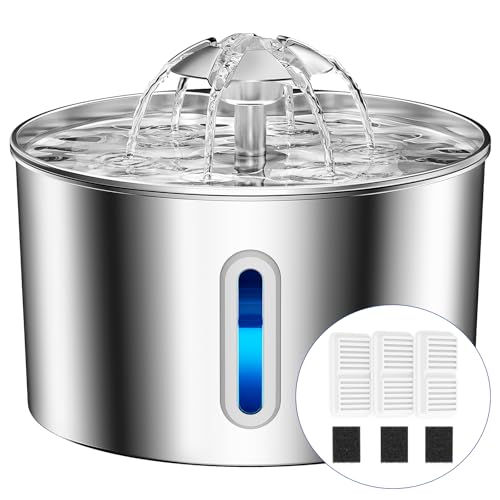 BalimoPet Katzenbrunnen Edelstahl, 2,2L Superleise Trinkbrunnen für Katze mit Kabel, Einfach zu Reinigen, Katzen Trinkbrunnen mit Vierfaches Filtersystem & LED-Licht, mit 3 Aktivkohlefilter