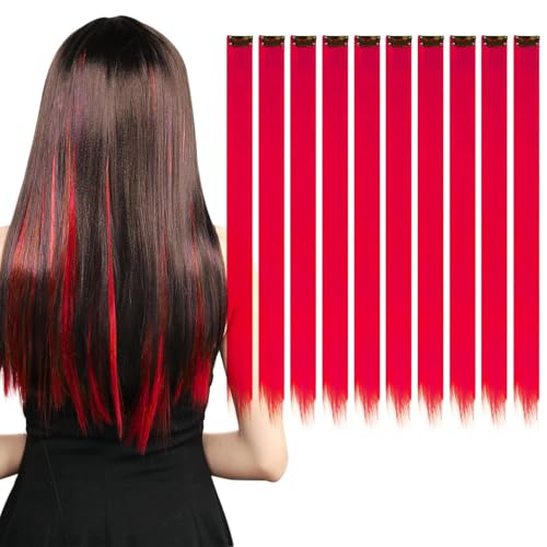 KAIYAYA 10 Pcs Coloured Hair Extensions,Haarsträhnen Zum Einklipsen Clip in Extensions Kinder Haarverlängerung,Heat Resistant Hairpieces,Clips for Women,Girls,Children,Party(Chinese red)