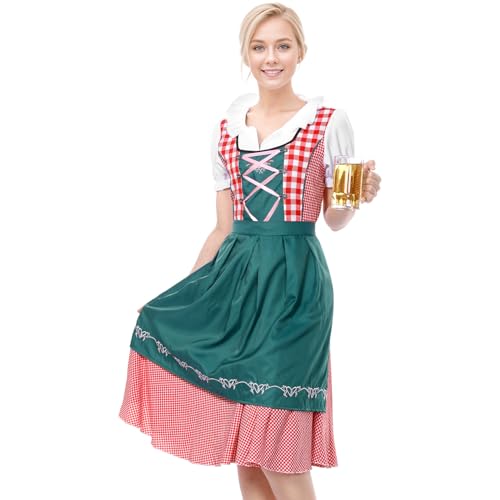 Angenster Dirndl Damen Midi Trachtenkleid Set, Grün und Dunkelblau Oktoberfest Outfit Mit Kleid Bluse Schürze, Elegantes Komplettset für Oktoberfest (Grün, XL)