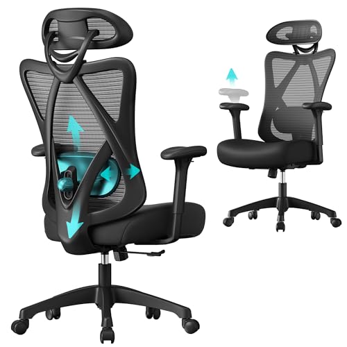 SONGMICS Ergonomischer Bürostuhl, Computerstuhl, Mesh-Stuhl, Lendenkissen und Kopfstütze verstellbar, maximale Belastung: 150 kg, höhenverstellbar, Tintenschwarz, OBN063B01