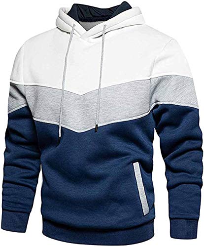 comefohome Hoodie Herren Pullover Langarm Sweatjacke Kapuzenpullover Farbblock Sweatshirt Blue Large
