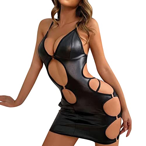 HOTSO PU Lackleder Korsettkleid, Damen Reizwäsche Latex Catsuit Dessous Jumpsuit Bodys Ausgehöhlt Lederkleid Bodysuit Masche Minikleid Pyjamas für Frau Liebhaber Hochzeitstag (Schwarz 1, S-M)