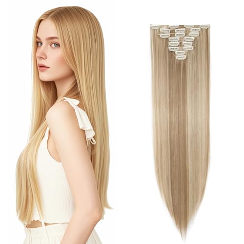 8 Teile Set Clip In Extensions Haarverlängerung Echthaar Voller Kopf 66cm Hair Extensions Realistisch und Natürlich Extensions Clip in für Frauen und Mädchen (Bleichblond)