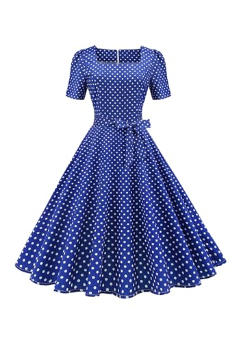Yming Damen 1950er Jahre Audrey Hepburn Vintage Kleid mit Gürtel Empire Taille Kurzarm Kleid Blau L