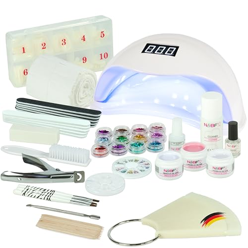 NAILS FACTORY Gelnägel Starterset Weiß - Nagelset für Anfänger - Gelnägel Nagelstudio Set mit LED UV Lampe, Nailart & Zubehör - Gel Nägel Set - Made in Germany