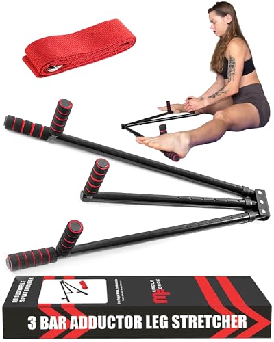 MuscleForge Beinspreizer Spagattrainer zur Dehnung – Verstellbarer Spagat Trainer aus Edelstahl bis 180°, 6 Verstellstufen – Stretching Maschine für Ballett, Kampfsport, Fitness – rutschfest mit Gurt