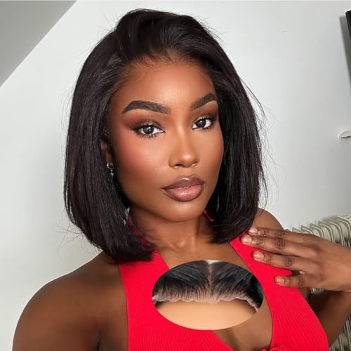 Wear and Go Bob-Perücke aus Echthaar, 180 % Dichte, 25,4 cm, HD-Lace-Front, klebstofffrei, glatt, natürliche Farbe