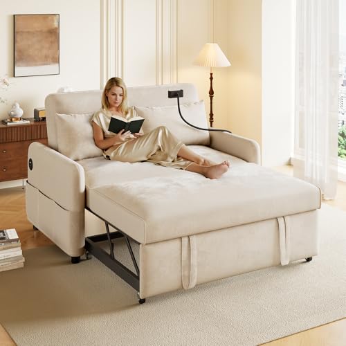 Merax Schlafsofa 2-Sitzer Sofa mit Schlaffunktion, Klappbares 3-in-1 Schlafcouch mit Verstellbarer Rückenlehne, USB-Anschlüssen und Handyhalter, aus Chenille, Beige 129 x 76 x 81 cm