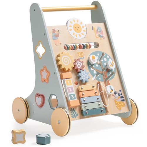 ROBUD Lauflernwagen Holz,Baby Lauflernhilfe mit gummierten Holzrädern,Baby Walker,kognitive Entwicklung,Meeresthema