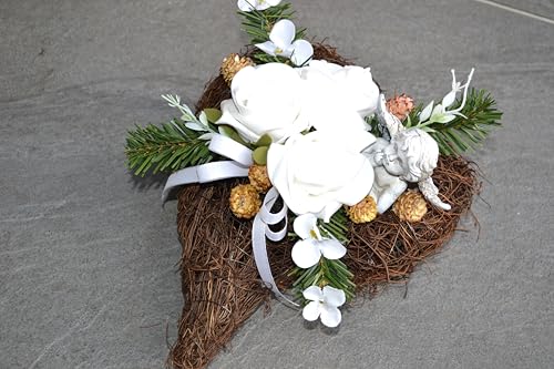Generisch Grabgesteck Herz mit Engel Rose weiß Grabschmuck künstlich Allerheiligen Trauer