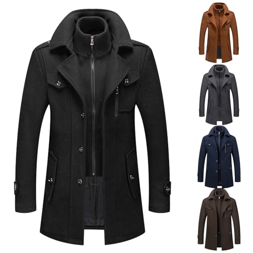 Generisch Mantel Herren Wintermantel aus Wolle für Freizeit und Business Coat Wolljacke mit Langschnitt Wollmantel Lang Warme Winterjacke Elegant als Trenchcoat​, Schwarz L