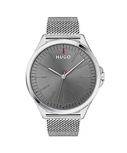 HUGO Analog Quarzuhr für Herren Kollektion #Smash mit Silbernes Edelstahl-Mesh-Gliederarmband - 1530135