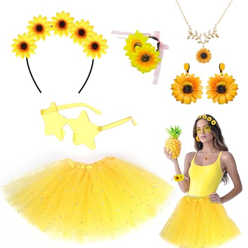 SAIIURV 6 Stücke Sonnenblumen Kostüm Damen Gelber Tüllrock Damen mit Stern, Blumen Kostüm, Sonnenblumen Ohrringe, Halsketten, Stirnband für Karneval Halloween Fasching Mottoparty (Gelb)