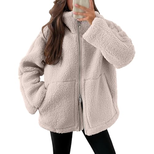 Teddyjacke Damen Fleecejacke Warme Dicke Freizeit Zwei-Wege Reißverschluss Winterjacke Einfarbig Teddyfleece Teddy Jacke mit Taschen und Reißverschluss Wintermantel Herbstjacke Winterjacke Plüschjacke