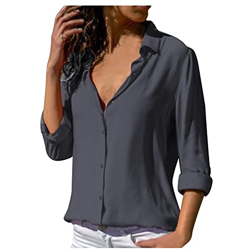 Damen Bluse Chiffon Elegant V-Ausschnitt Langarm Casual Oberteile Hemd Lose Langarmshirt Tops